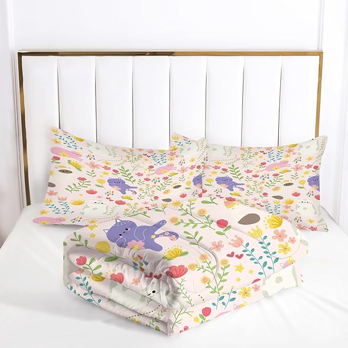 Cat Comforter Set Queen: Floral Cats Bedding Set for Teens Girls Kids Women Adults Pink Purple Cartoon Kawaii Kitten Flower Quilt Bed Sets 1 Comforter & 2 Pillowcases
