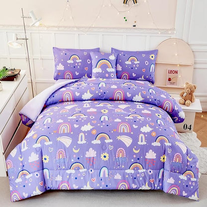 ANGIYUIN 6 Pieces Purple Twin Bedding Set Rainbow Bedding Set for Girls Love Hearts and Moon Design Kids Bed Set Soft Girl Bed in A Bag with Sheets, Purple, Twin