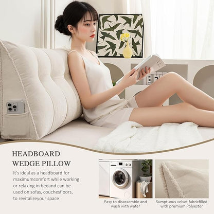 Headboard Pillow King, Chenille Triangular Wedge Pillow Headboard King Size, Reading Setting Backrest Daybed Pillows for Bed Sofa with Removable Cover, Beige