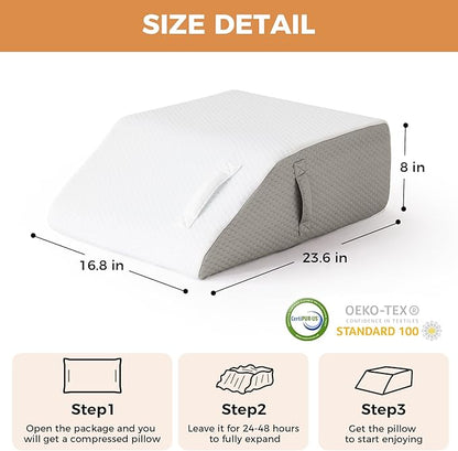Leg Pillow Elevation Blood Circulation, Leg Elevation Pillows for After Surgery, Swelling, Leg Elevating Pillows with Cover and Handle, Leg Pillow for Pain Relief, 23.6×16.8×8 Inch, White/Grey