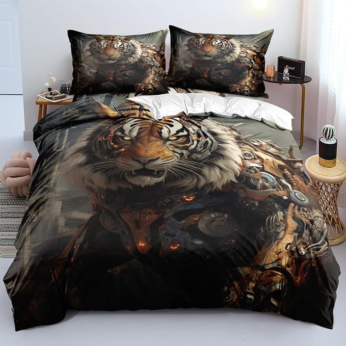 Tiger Bed Sheets Mechanical Style Full Size with A Pillow Cases Standard Size, Black Tiger Print Sheet Set for Kids Boys Girls Gorgeous Animal Skin Bedroom Decor, Animal Fitted Flat Sheet