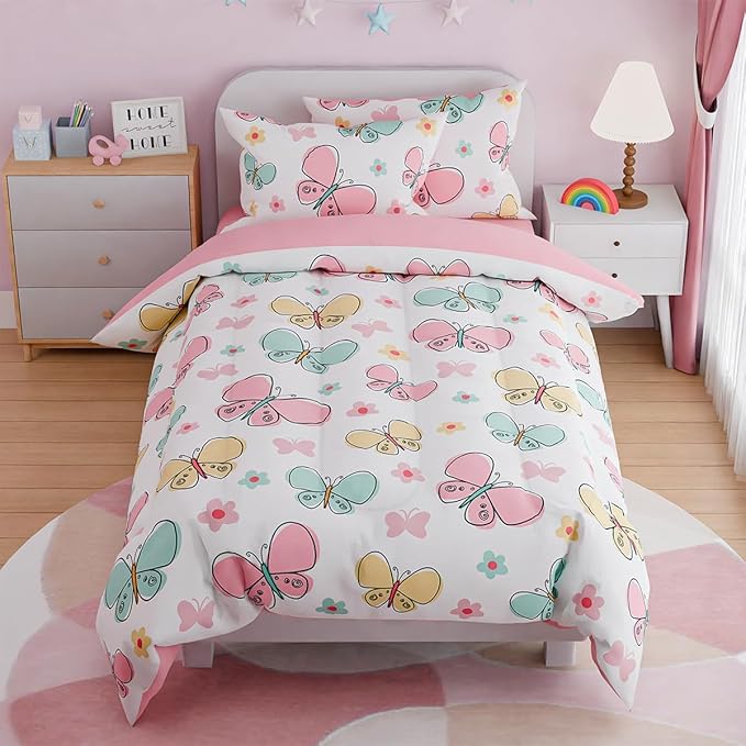 SANDJEST Butterfly Full Bedding Sets for Girls, Ultra Soft Microfiber Comforter Set with 4-Pieces, Bed Sets for Kid Tween Teen Bedroom Decor
