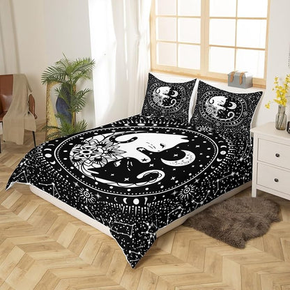 Cute Cats Duvet Cover Queen,Gothic Star Sky Moon Constellation Bedding Set 3pcs for Kids Teens Boy Girls Room Decor,Animals Flower Plants Comforter Cover Black Exotic Quilt Cover with 2 Pillowcases