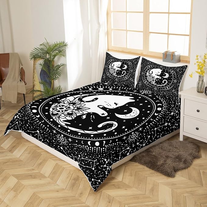 Galaxy Cats Duvet Cover Full Size,Gothic Starry Moon Constellation Bedding Set 3pcs for Kids Teens Boy Girls Room Decor,Animals Flower Plants Comforter Cover Black Exotic Quilt Cover,2 Pillowcases
