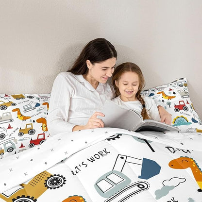 Feelyou Construction Comforter Set Kids Cartoon Dinosaur Comforter Cover Set for Boys Equipment Trucks Bedding Set Construction Vehicles Kawaii Jungle Dino Duvet Set Room Decor Quilt Set Queen Size