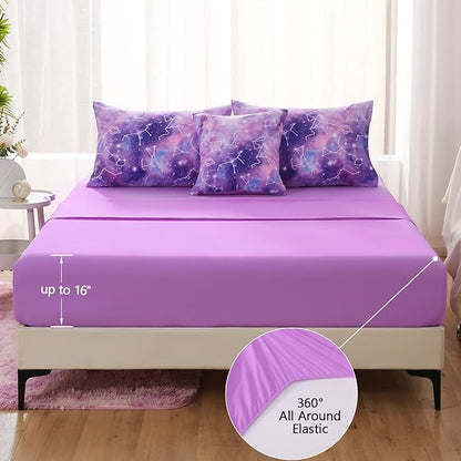 Galaxy Constellation Print Comforter Set Twin Girls Gradient Bedding Set,6 Piece Bed in a Bag with Sheet Bedding Gift for Kids(Purple)