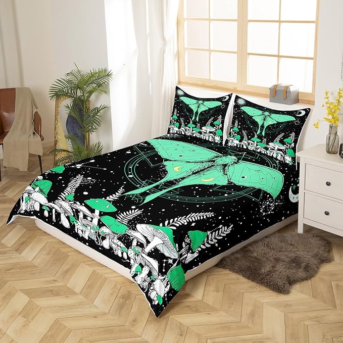 Castle Fairy Moth Duvet Cover Set King Size, Green Mushroom Comforter Cover with 2 Pillowcases Bedspread,Stars Moon Constellation Microfiber Quilt Cover for Adult Women,3pcs