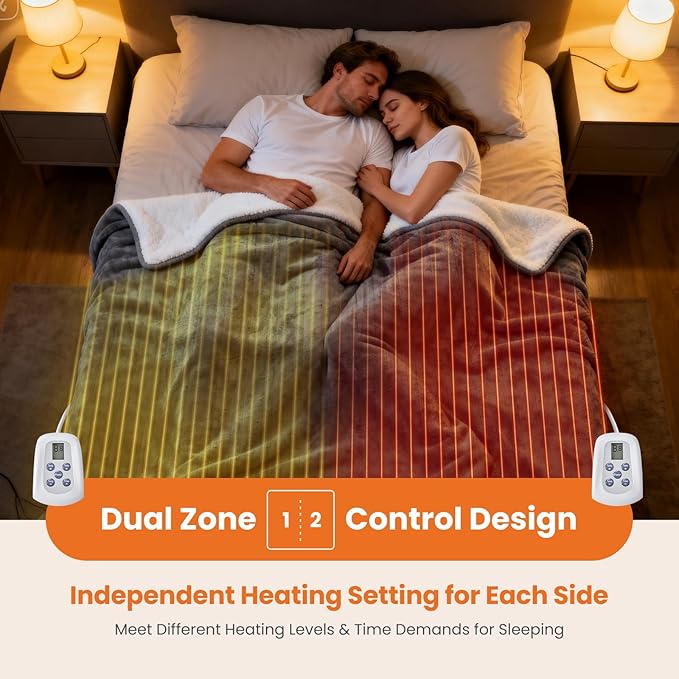 Sweetcrispy Heated Blanket Queen Size, 84''x90'' Electric Blanket with Dual Zone Independent Control, 10 Heat Levels and Auto-Off, Washable Flannel & Sherpa Fabric Electric Warmer ETL Certificated