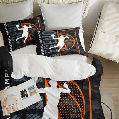 Queen Size Comforter Set with 2 Pillowcase, Vintage Basketball Sport Black Soft 3 Pcs Bedding for Kids and Adults, Bed Decor Urban Comforter Set for Room Bedroom