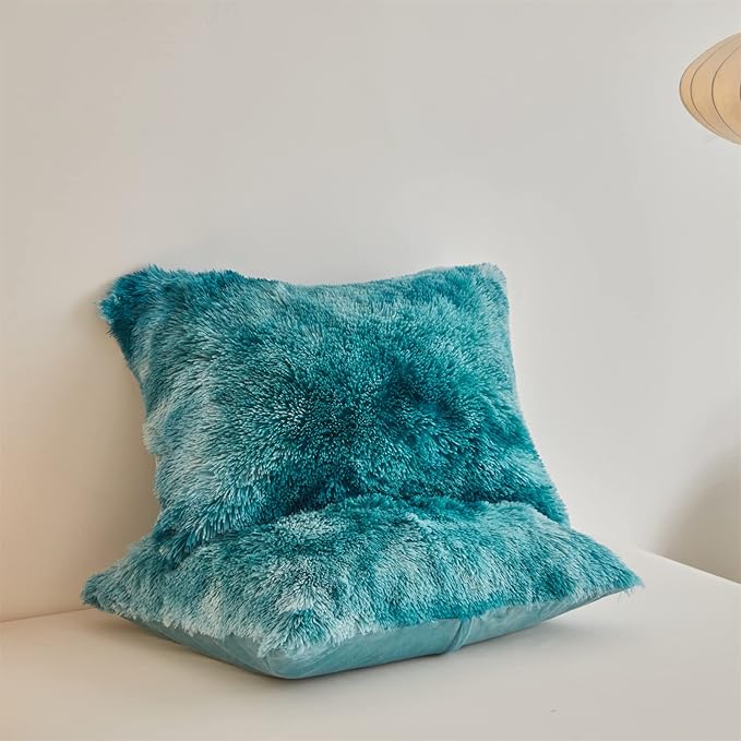 Wajade Faux Fur Plush Tie Dye Teal Comforter Set Fluffy Fuzzy Shaggy Bedding Set - 3PC Full/Queen Microfiber Soft Warm Quilt Set
