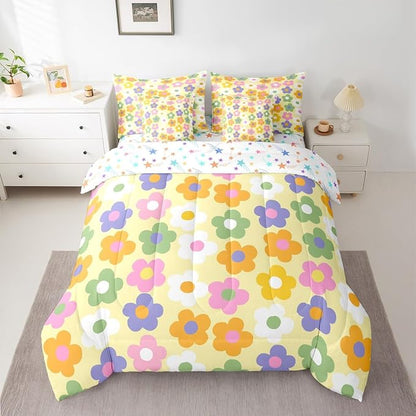 Feelyou Cute Flower 7 Piece Bedding Set Colorful Floral Comforter Set with Sheets for Kids Boys Girls Kawaii Theme Bed in a Bag Yellow Bed Set Soft Lightweight