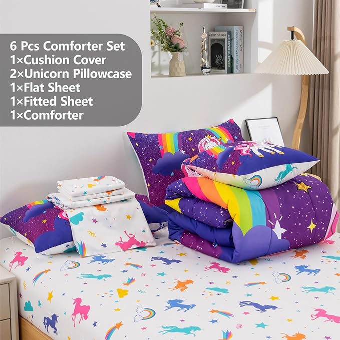 Unicorn Twin Bedding Sets for Girls Kids Teens, 6 Piece Bed in a Bag Purple Rainbow Theme Unicorn Comforter Set Bedroom Decor with Printed Sheet Set