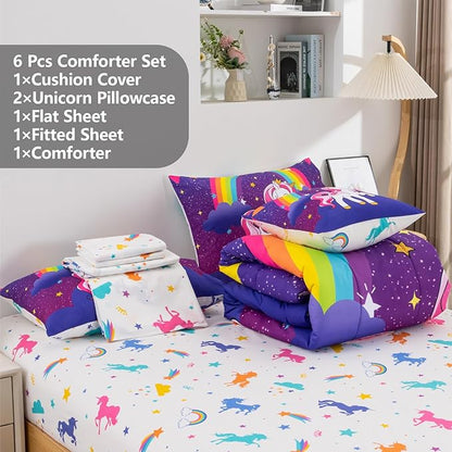 Unicorn Twin Bedding Sets for Girls Kids Teens, 6 Piece Bed in a Bag Purple Rainbow Theme Unicorn Comforter Set Bedroom Decor with Printed Sheet Set