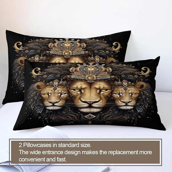 Lion Duvet Cover King Size, Crown Lion Father and Son Bedding Set 3 Piece Bedroom Decor Luxury Abstract Animals Comforter Cover with Zipper Ties & 2 Pillowcases
