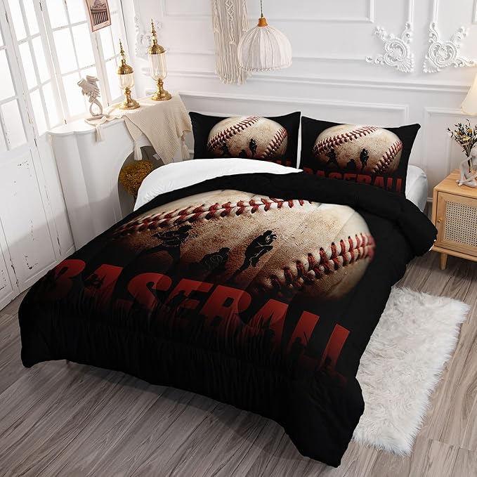 Kids Comforter Set Baseball Theme Printed Pattern Bedding Set with 1 Comforter and 2 Pillowcases for Girls Boys Bedroom All Season(C-Baseball Theme Full)