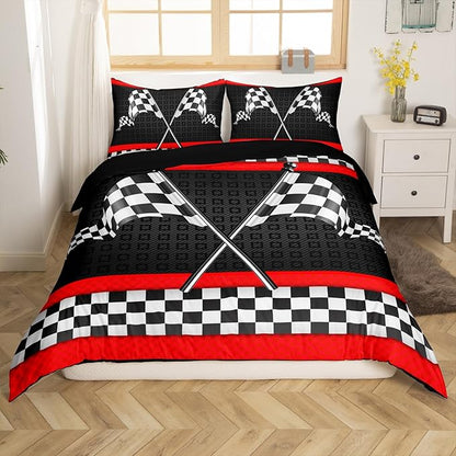 Castle Fairy Race Car Themed Bedding Set King Size Woman Men,Black White Checkered Flag Print Comforter Cover w/ 2 Pillowcases,Red Stripes Geometric Grid Plaid Duvet Cover Set Microfiber Quilt Cover