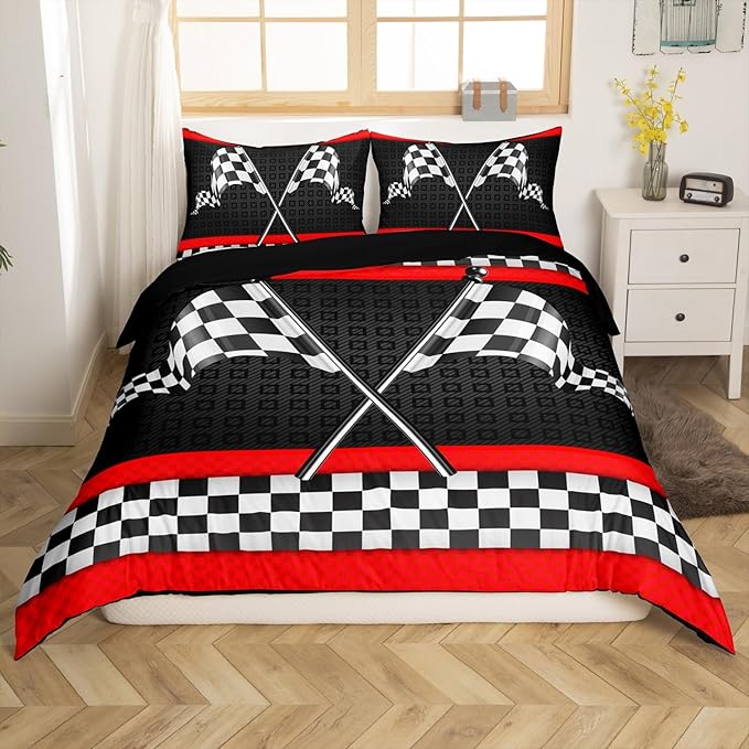 Race Car Themed Duvet Cover Set Full Size,Black White Checkered Flag Print Comforter Cover with 2 Pillowcases,Red Stripes Geometric Grid Plaid Breathable Bedspread for Boys Teens,Pillow Sham