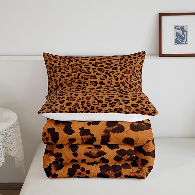 Feelyou Leopard Comforter Set Toddler Size Soft for Boys Girls Teens Animal Print Bedding Set Breathable Safari Duvet Set Room Decor Dark Orange Quilt Set