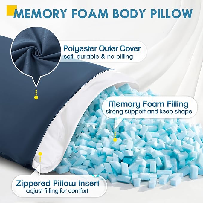 MAGIC ELEPHANT Body Pillow, Memory Foam Body Pillow for Adults, Long Pillow for Bed and Sleeping, Full Long Bed Pillow Insert with Cover (Blue, 20x54 Inch)