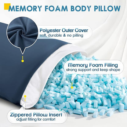 MAGIC ELEPHANT Body Pillow, Memory Foam Body Pillow for Adults, Long Pillow for Bed and Sleeping, Full Long Bed Pillow Insert with Cover (Blue, 20x54 Inch)