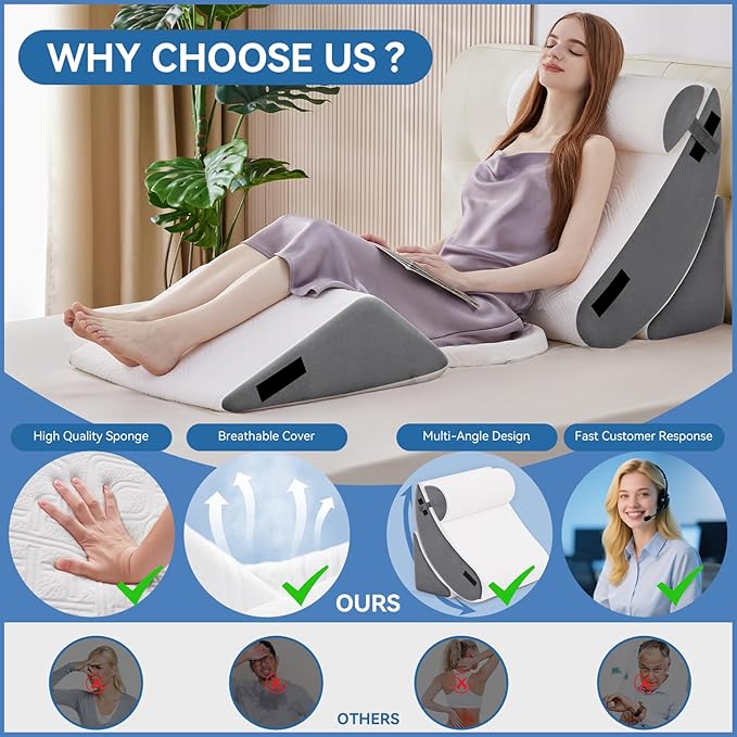 Wedge Pillow Set for After Surgery, 5 PCS Bed Wedge Pillow for Sleeping with Seat, Memory Foam Orthopedic Back Pillow for Pain Relief and Acid Reflux, Adjustable Post Surgery Pillow Grey
