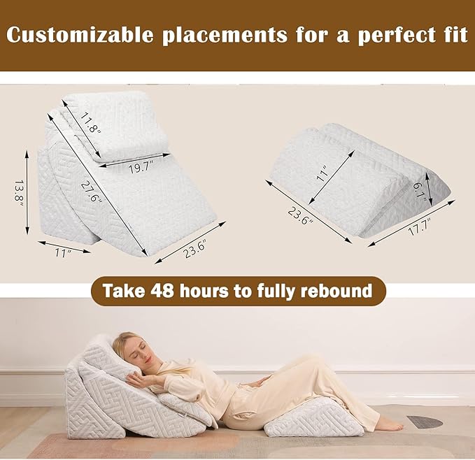 Betterhood 5pcs Orthopedic Bed Wedge Pillow Set, Adjustable Memory Foam, Post Surgery Foam for Back Neck & Leg Pain Relief Support, Acid Reflux, Snoring Reading, Sleeping, Sitting up, Grey