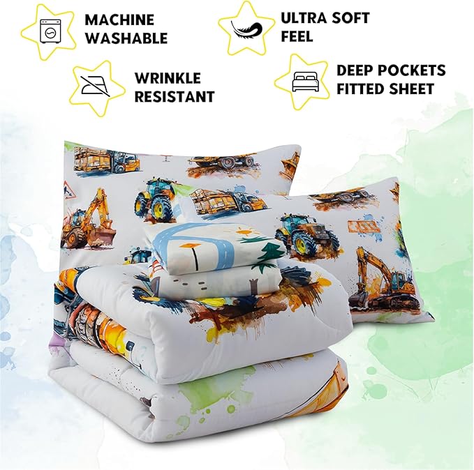Holawakaka Trucks Tractors Cars Boy Bedding Comforter Set with Sheets, Full Size Cartoon Construction Car Excavator Print Kids Bed in A Bag 5-Piece, Boys Reversible Dorm Bed Sets (Multi Full)