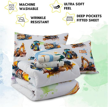Holawakaka Trucks Tractors Cars Boy Bedding Comforter Set with Sheets, Full Size Cartoon Construction Car Excavator Print Kids Bed in A Bag 5-Piece, Boys Reversible Dorm Bed Sets (Multi Full)