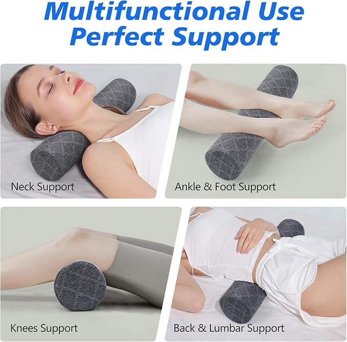 Cozyhealth Cervical Roll Pillow, Medium Soft Memory Foam Neck Round Pillow Cylinder Bolster Pillow for Sleeping, Round Neck Support for Bed, Legs, Back and Yoga (Grey, Large - 4.7" H)