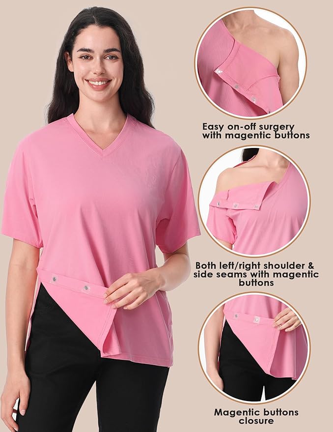 Magnetic Buttons Post Shoulder Surgery Recovery Shirt for Men V-Neck Tear Away Adaptive Chemo Port Clothing for Women