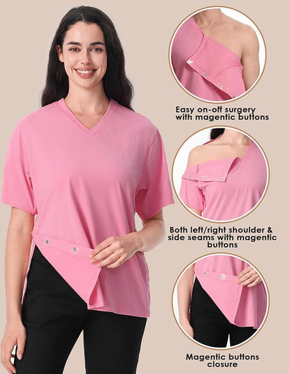 Magnetic Buttons Post Shoulder Surgery Recovery Shirt for Men V-Neck Tear Away Adaptive Chemo Port Clothing for Women