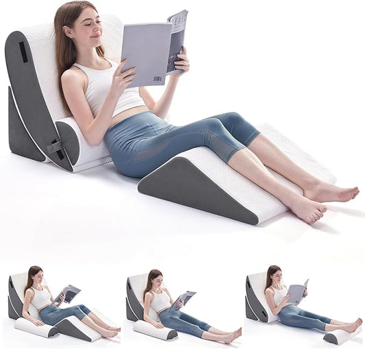 Wedge Pillow Set for After Surgery, 4 PCS Bed Wedge Pillow for Sleeping, Memory Foam Orthopedic Back Pillow for Pain Relief and Acid Reflux, Adjustable Post Surgery Pillow Grey