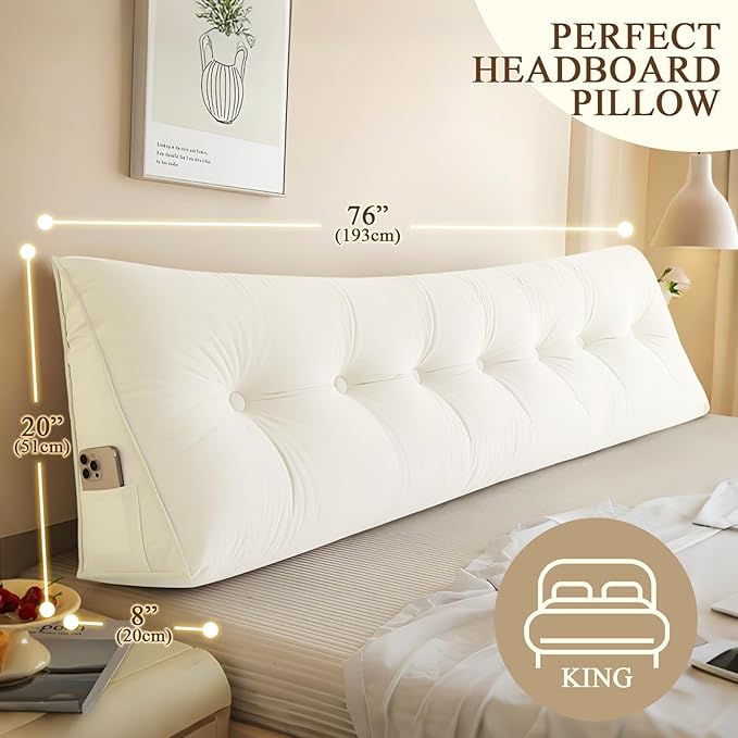 Headboard Pillow King, Large Triangular Wedge Headboard Pillow for Reading and Resting, Backrest Positioning Support Pillow with Removable Cover (Cream)