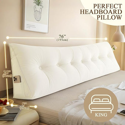 Headboard Pillow King, Large Triangular Wedge Headboard Pillow for Reading and Resting, Backrest Positioning Support Pillow with Removable Cover (Cream)