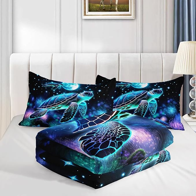 Sea Turtle Comforter Kids Bedding Set Twin Size,Glowing Waterweed Moon Flash Print Comforter Set for Kids Teens Boys Girls Room Decor,Nautical Reptile Animal Bedding Set with 2 Pillowcases.