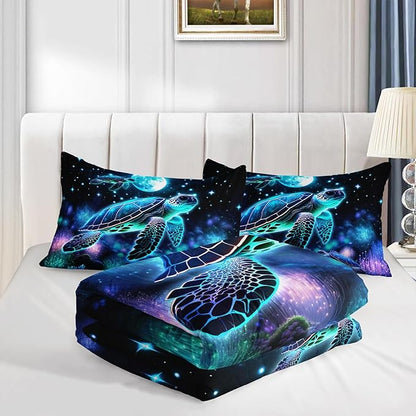 Sea Turtle Comforter Kids Bedding Set King Size,Glowing Waterweed Moon Flash Print Comforter Set for Kids Teens Boys Girls Room Decor,Nautical Reptile Animal Bedding Set with 2 Pillowcases.