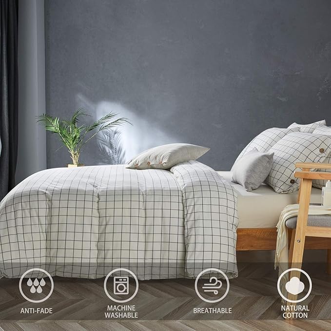 JELLYMONI Cotton Duvet Cover Queen Size - White Grid Plaid Comforter Cover with Button 100% Washed Cotton 3PCS Breathable Soft Bedding Set Duvet Cover 90×90in & 2 Pillowcases (NO Comforter)