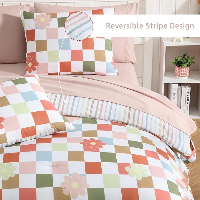 Full Size Comforter Set for Girls, Colorful Checkered Bedding Set with Cute Floral, All Season Plaid Kids Bed in a Bag 7 Pieces with Sheets, Pillowcases & Shams