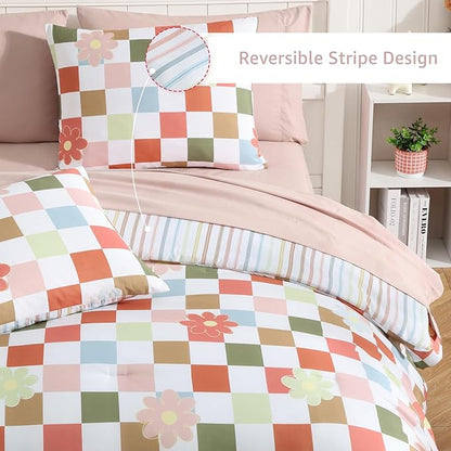 Twin XL Comforter Set for Girls, Colorful Checkered Bedding Set with Cute Floral, All Season Plaid Kids Bed in a Bag Dorm 5 Pieces with Sheets, Pillowcase & Sham