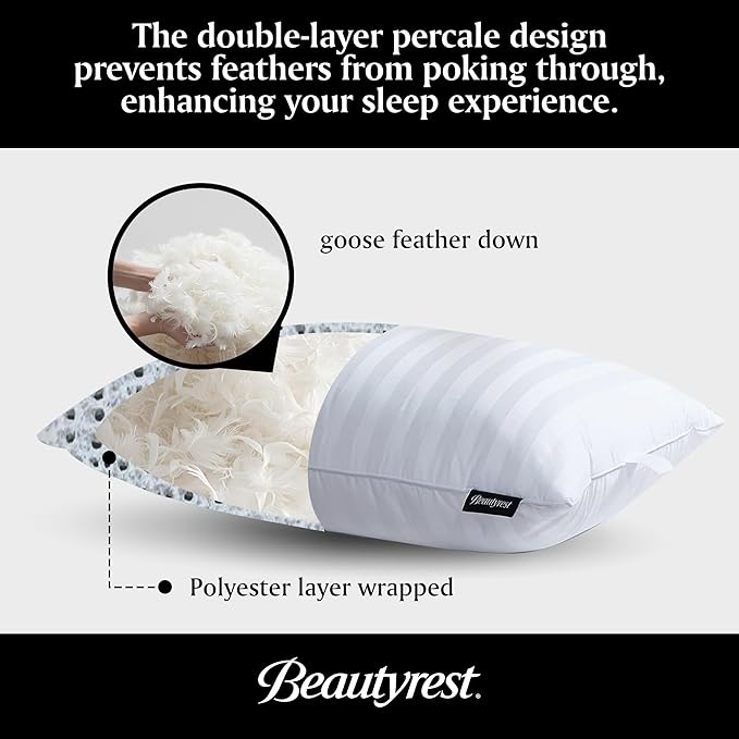 Beautyrest Luxury Goose Feathers Soft Pillows, 500 Thread Count Cotton Cover 20”x36”, King (Pack of 2), Supportive Fluffy Hotel Collection Bed Pillows for Side and Back Sleepers