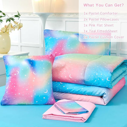 URBONUR Rainbow Comforter Set Queen for Girls 6 Pieces Bed in A Bag for Teen Girl Women Soft Microfiber Tie Dye Kids Bedding Set