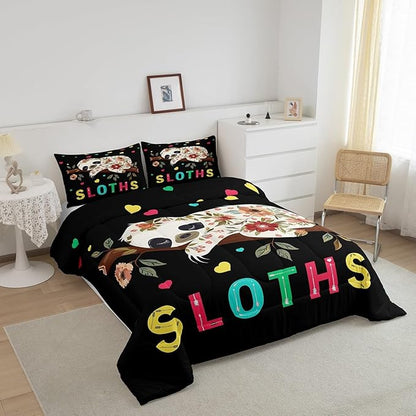 Cute Sloth King Size Comforter Set,Kids Colorful Love Pattern Decor All Season Bedding Set,Teens Flowers Pattern Comforter,Girls Kawaii Animals Decor Quilt Set Bedroom Collection 3Pcs