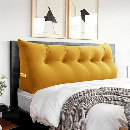 Headboard Wedge Pillow Large Reading Pillow Queen Size Bed Rest Back Support Pillow for Sitting up in Bed Daybed Couch Backrest Cushion Velvet Mustard Yellow