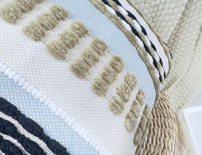 Boho Throw Pillow Covers 16x16 Aesthetic Neutral Boucle Couch Pillow Cover Rainbow Striped Decorative Accent Pillow Case for Couch Bed Sofa Farmhouse Bedroom,Modern Funky,Set of 2 Khaki