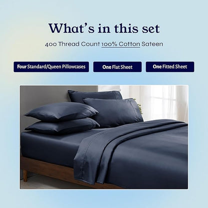 California Design Den 6-Pc Queen Size Sheet Set with 4 Pillowcases - 400 Thread Count 100% Cotton Sheets, Sateen Weave, Deep Pocket Bedsheets Set - Indigo Dusty Blue