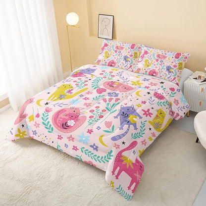 QOOMO Floral Cat Comforter Full Size,Pink Cat Bedding Set for Kids Teens Girls,3Pcs Bedding Set Printed Comforter with 2 Pillowcases,Down Alternative,Soft and Lightweight(Pink，Full Size)
