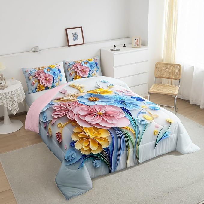 Erosebridal Vintage Floral King Bedding Set,Pink and Blue Flower Comforter Set for Girls Women Kids,Boho Flowers Wildflower Quilt,Country Cottage Core Bedroom Decor with 2 Pillowcases,Ultra Soft