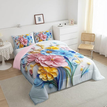 Erosebridal Vintage Floral Toddler Bedding Set,Pink and Blue Flower Comforter Set for Girls Kids,Boho Flowers Wildflower Bed Set,Country Cottage Core Room Decor with 1 Pillowcase,Ultra Soft