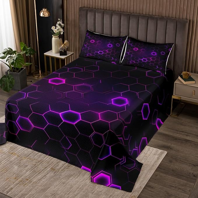 Erosebridal Geometric Comforter Set Hexagons Texture Coverlet Set Twin Size for Kids Child Adult,Trippy Geometric Bedspread Galaxy Quilt Set Soft Cozy Bedroom Decor Purple Violet