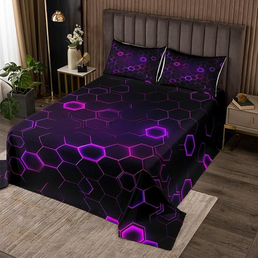 Erosebridal Geometric Comforter Set Hexagons Texture Coverlet Set Twin Size for Kids Child Adult,Trippy Geometric Bedspread Galaxy Quilt Set Soft Cozy Bedroom Decor Purple Violet